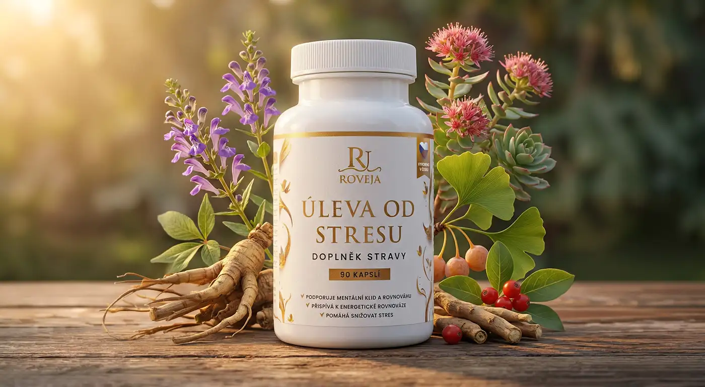 Doplněk stravy Úleva od stresu od Roveja obklopený přírodními bylinami – ashwagandha, rhodiola, ginkgo a šišák bajkalský